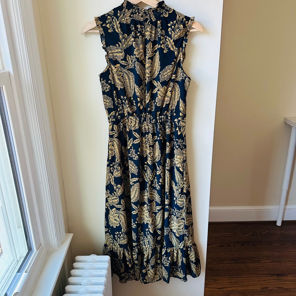 J. Crew Blue Midi Dress with Gold Floral Motif - Picture 6 of 8